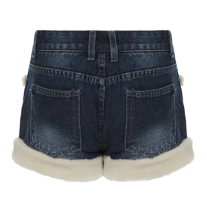 Kawaii Fluffy Trim Mini Jeans Women Chic Gentle Sweet Style Pants Fashion All-Match Blue Short Design