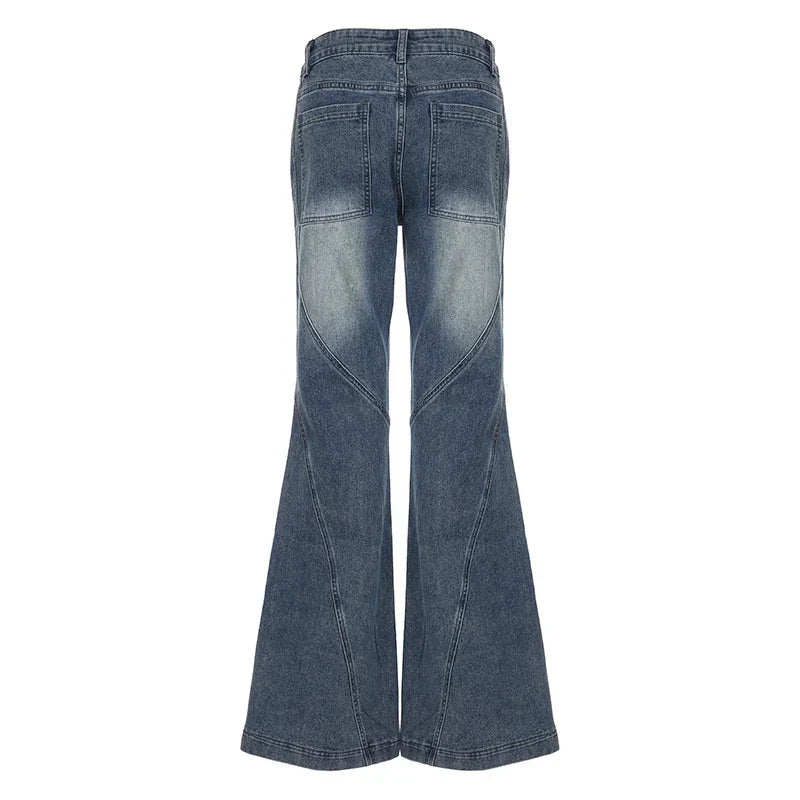 Y2K Low Waisted Washed Flare Jeans Korean Streetwear Blue Slim Fit Denim Pants Fashion Lady Casual Boot Cut Trousers