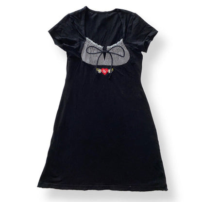 Voguable  Vintage Kawaii Bow Embroidery Mini Dress Patchwork Square Collar Short Sleeve Black Dress Retro Y2K Aesthetic Fairy Clothes