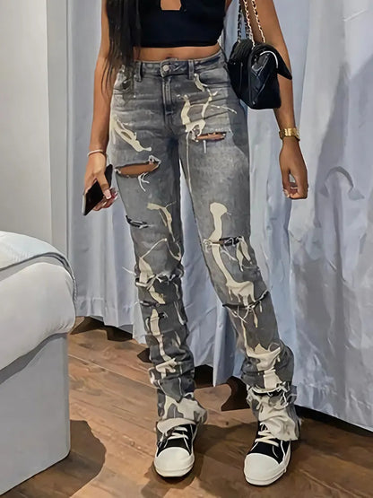 Women's Trendy Ripped Jeans with Holes and Splash Design | Great for Casual Days