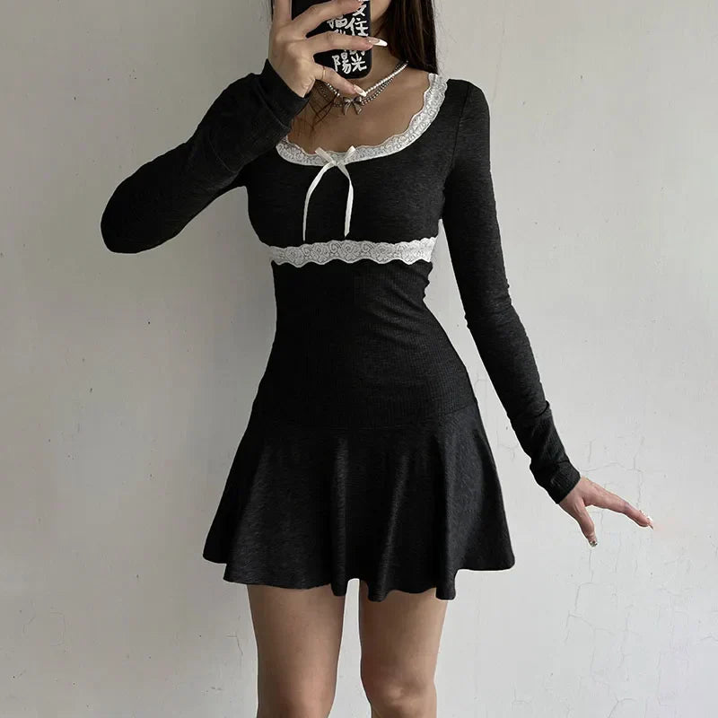Voguable Lace Patchwork Knitted Mini Dresses Y2K Sweet Bow Bodycon Long Sleeve Pleated Dress Casual Korean Style