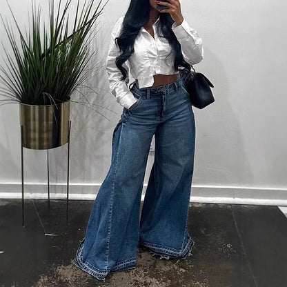 Blue Washed Women Flared Jeans Harajuku Y2k Oversized Wide Leg Spliced Tassel Denim Pants Baggy American Retro Trousers