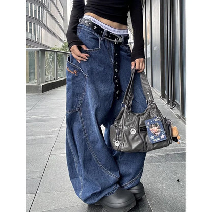 Blue Women's Jeans Hip-hop Fashion Vintage Streetwear Y2K Wide Leg Straight Jean High Waist Trouser Baggy Cargo Denim Pants