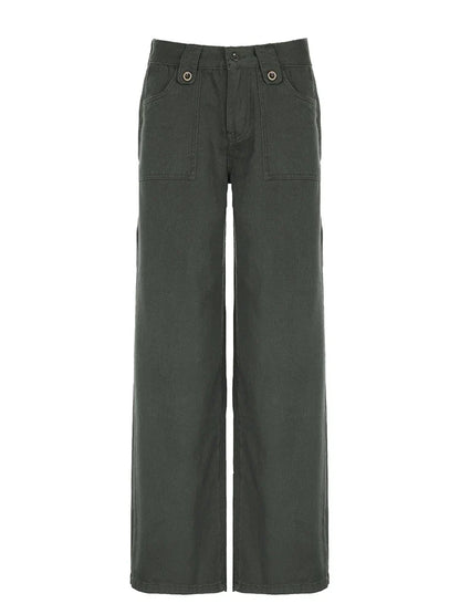 Sweetown Retro Green Low Rise Straight Jeans Woman Y2K Streetwear Denim Trousers Pockets Casual Cargo Jean Pants