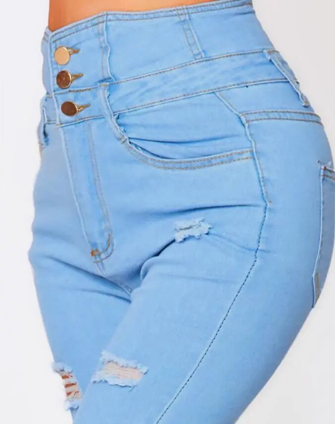 Women's Skinny High-Waist Ripped Jeans with Buttons | Great for Casual Days