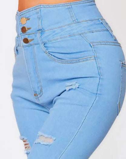 Women's Skinny High-Waist Ripped Jeans with Buttons | Great for Casual Days