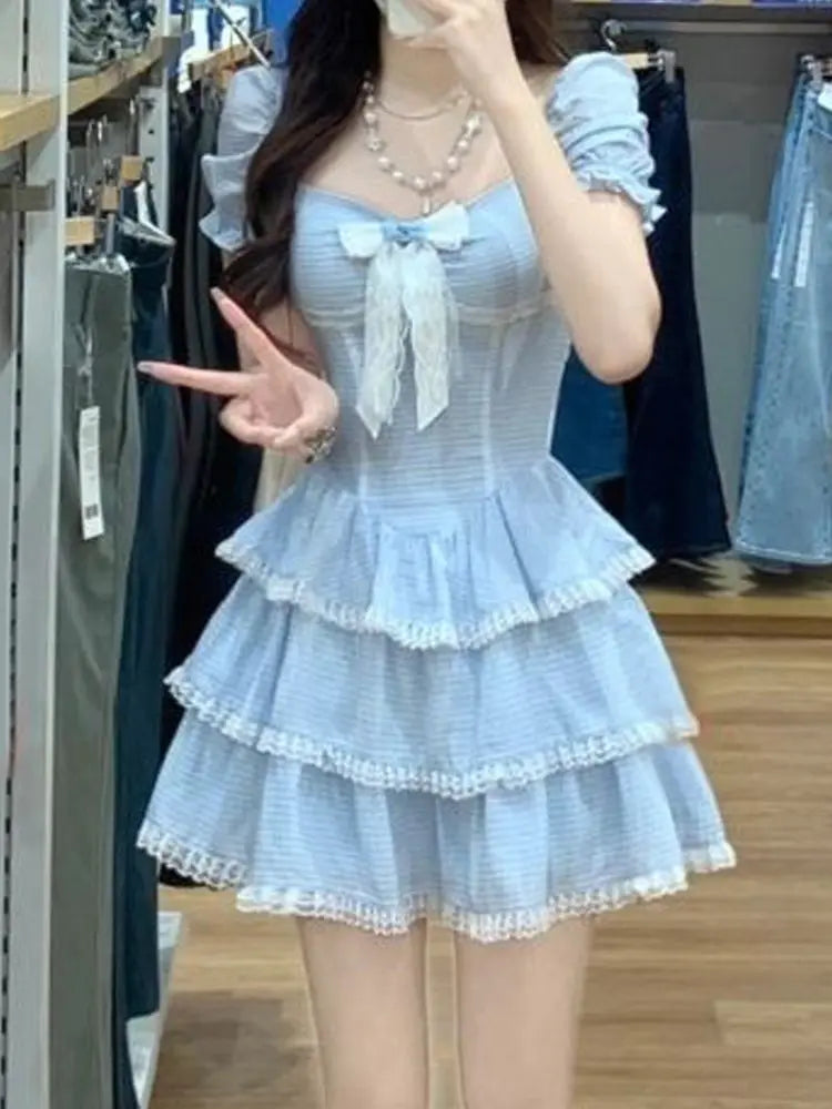 Voguable Sweet Kawaii Blue Plaid Dress Woman Lolita Lace Y2k Mini Dress Short Party Elegant One Piece Dress Korean Fashion