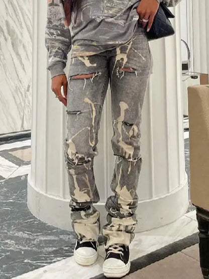 Women's Trendy Ripped Jeans with Holes and Splash Design | Great for Casual Days