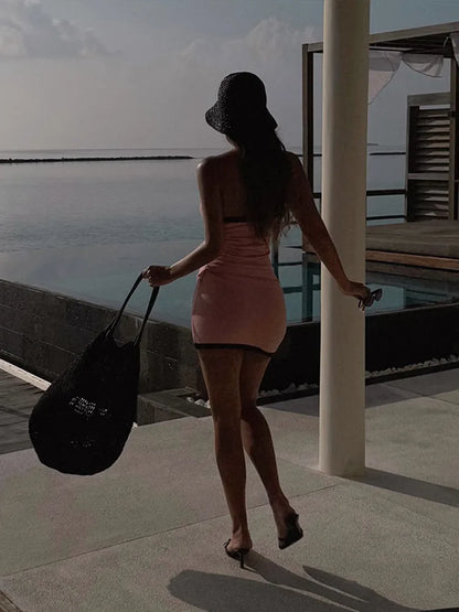 Sexy Knit Mini Dress Women Strapless Sleeveless Backless With Belt Slim Hip Package Dresses Female 2025 Spring Summer Lady Robe