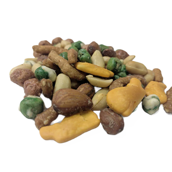 A Whlae of a Good Time Trail Mix Bulk which includes cheddar whales, shelled roasted salted peanuts, Butter toasted peanuts, hickory smoked almonds, wasabi peas, roasted salted green peas, Cajun sesame sticks,& honey roasted sesame sticks.