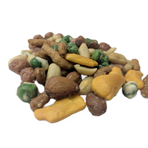 A Whlae of a Good Time Trail Mix Bulk which includes cheddar whales, shelled roasted salted peanuts, Butter toasted peanuts, hickory smoked almonds, wasabi peas, roasted salted green peas, Cajun sesame sticks,& honey roasted sesame sticks.