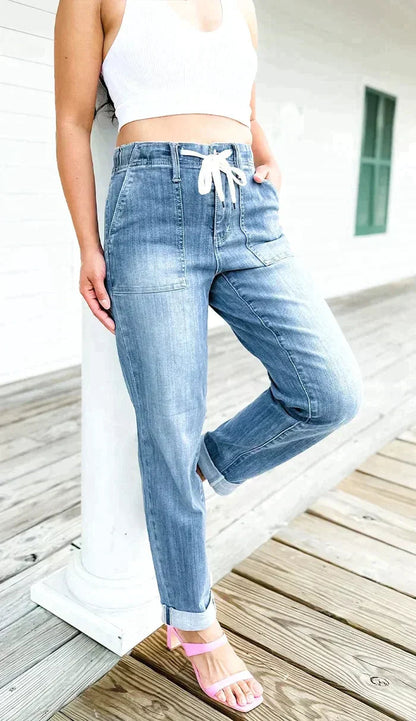 Women's Stretchy High Waist Denim Jogger Pants with Drawstring | Ideal for All Seasons