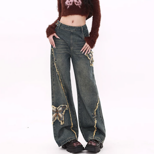 Raw hem butterfly pattern zip-up wide leg | Baggy Low Rise Jeans  | Festival Outfits Women