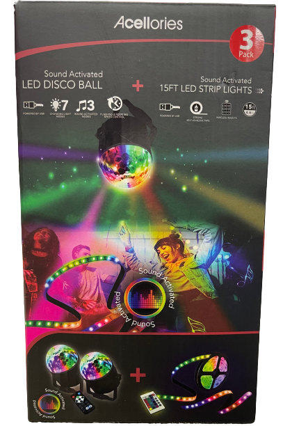 Acellories 3pk 15ft LED Strip Lights + 2 LED Sound Activated Disco Ball - Black