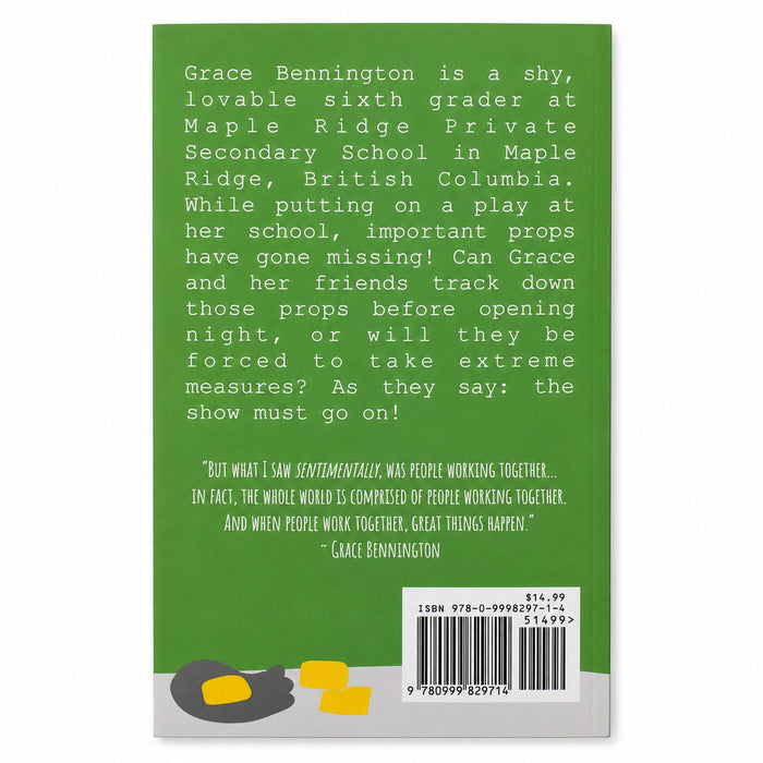 The back cover of the children's book 'Grace Bennington' by Celia Bennington, featuring a green background with white text, a barcode, and illustrations of a yellow puppet and a gray puppet at the bottom.