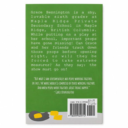 The back cover of the children's book 'Grace Bennington' by Celia Bennington, featuring a green background with white text, a barcode, and illustrations of a yellow puppet and a gray puppet at the bottom.