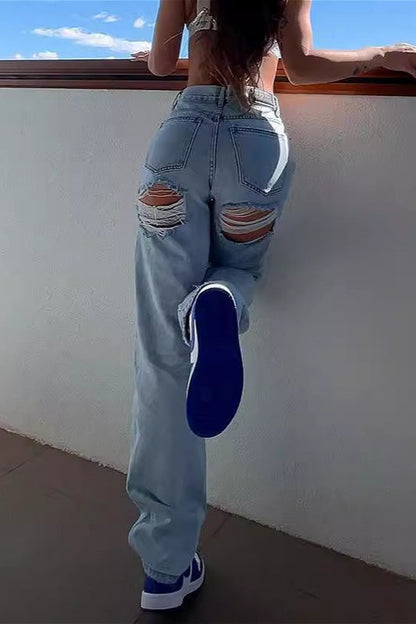 High Waist Distressed Slim Fit Denim Jeans