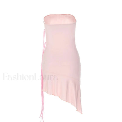 Adorable Solid Color Ribbon trim Ruffle Hem Strapless Mini Dress - Pink