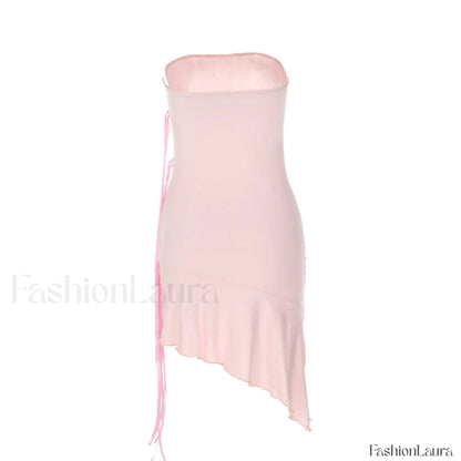 Adorable Solid Color Ribbon trim Ruffle Hem Strapless Mini Dress - Pink