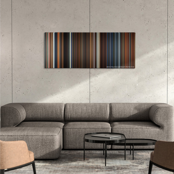 Ant-Man color palette canvas on a concrete wall above a gray sectional sofa