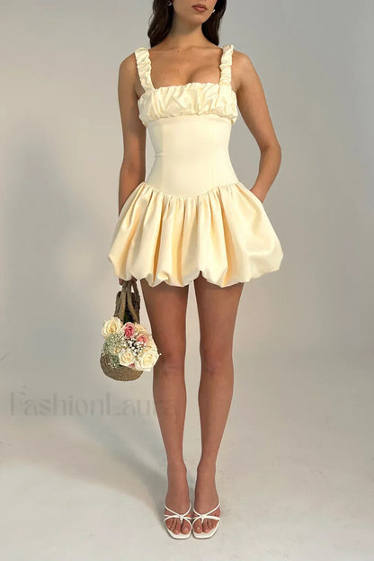 Aubrey Egg White Satin Graceful Bubble Hem Mini Dress