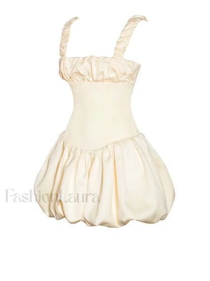 Aubrey Egg White Satin Graceful Bubble Hem Mini Dress
