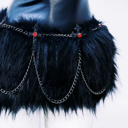 Fluffy high neck PU leather metal chain mini dress  | Festival Outfits Women