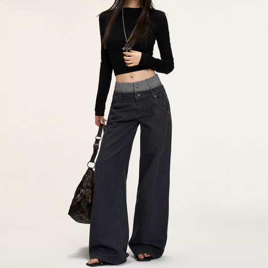 Patchwork button pocket low rise straight leg | Baggy Low Rise Jeans  | Festival Outfits Women