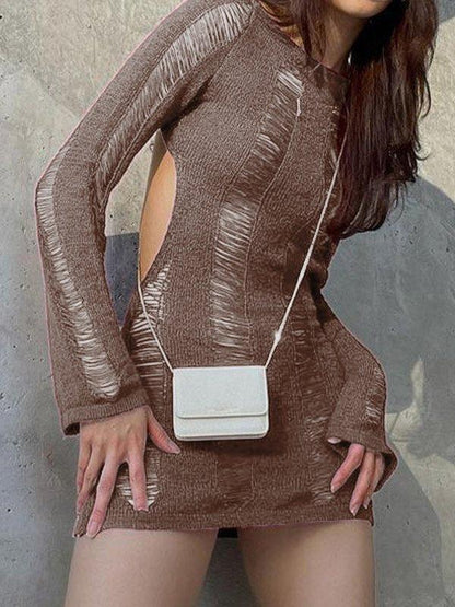 Distressed Long Sleeve Party Mini Dress