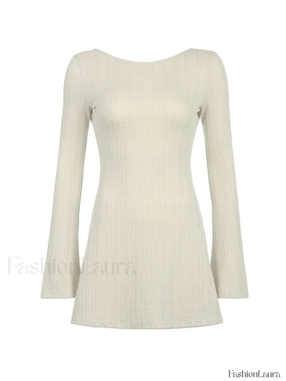 Backless Knitted Long Sleeve Mini Dress