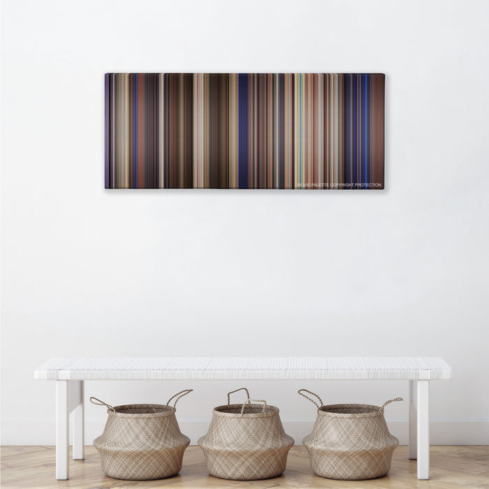 Bill & Ted's Excellent Adventure color palette canvas above a white bench with three woven baskets