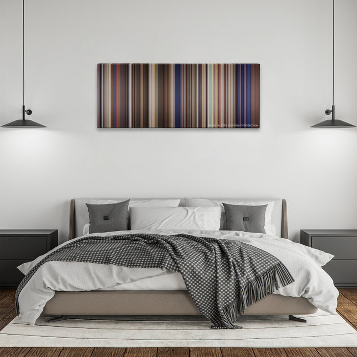 Bill & Ted's Excellent Adventure color palette canvas above a bed, between two black pendant lamps
