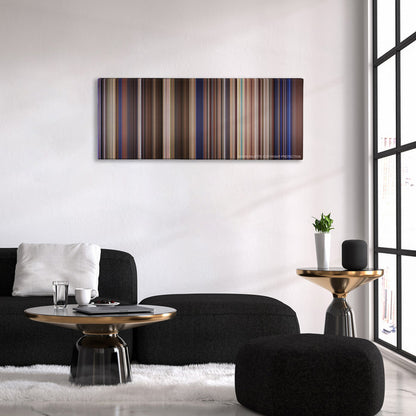 Bill & Ted's Excellent Adventure color palette canvas above a black sofa with a gold-topped table