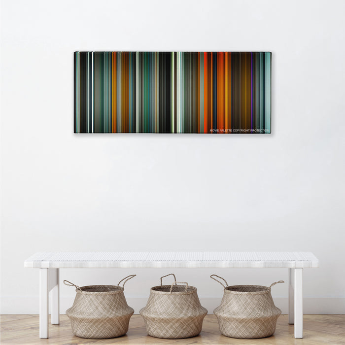 Blade Runner 2049 color palette canvas above a white bench with three woven baskets