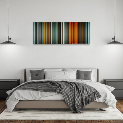 Blade Runner 2049 color palette canvas above a bed, between two black pendant lamps