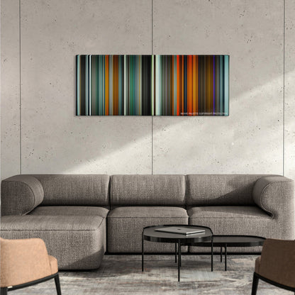 Blade Runner 2049 color palette canvas on a concrete wall above a gray sectional sofa
