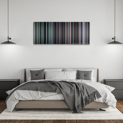 Brokeback Mountain color palette canvas above a bed, between two black pendant lamps