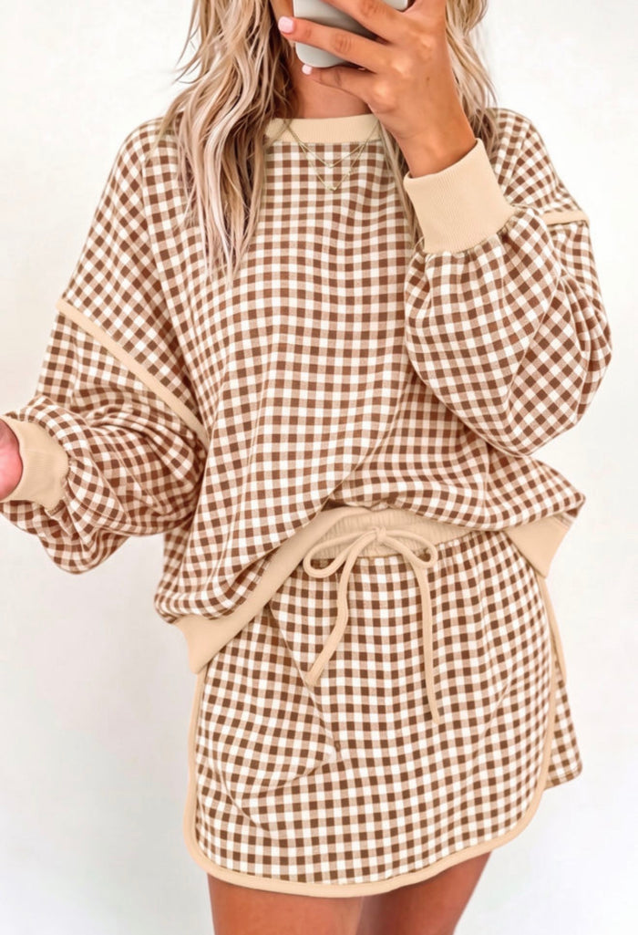 Brown Gingham LS Skort Set
