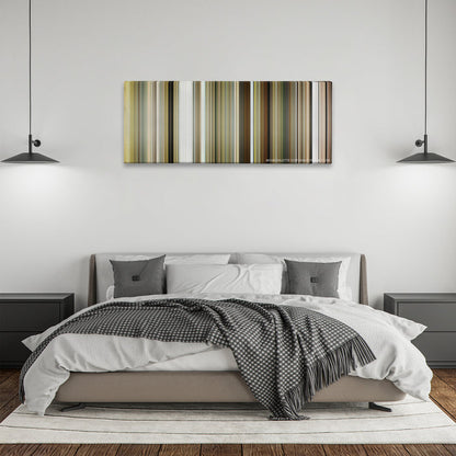 Bruce Almighty color palette canvas above a bed, between two black pendant lamps