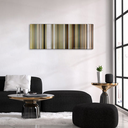 Bruce Almighty color palette canvas above a black sofa with a gold-topped table