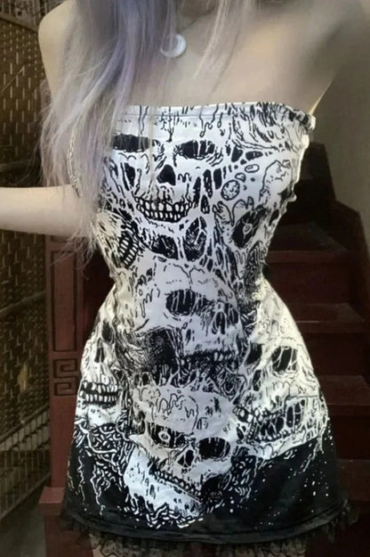 Punk Skull Print Patchwork Mini Dress