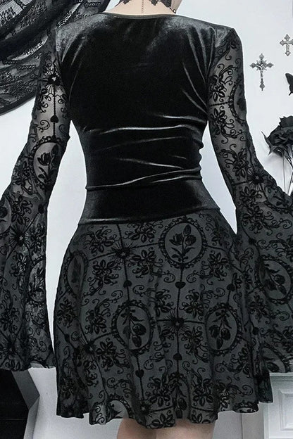 Dark Velvet Gothic Flare Sleeve Bandage Vintage Mini Dress