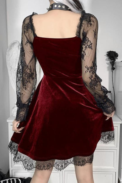 Lace Patchwork Long Sleeve Ruffled Mini Dress