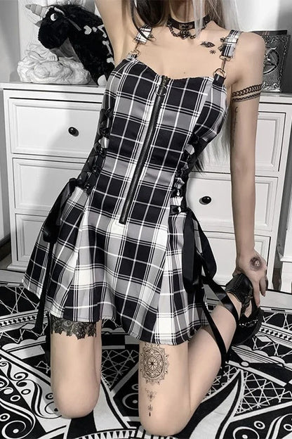 Black Plaid Backless Bandage A-Line Elegant Mini Dress