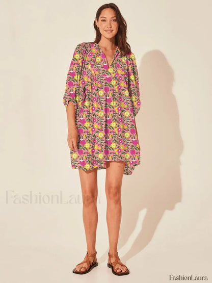 Casual Loose Floral Print Spring/Summer Women's 2024 New Lantern Sleeves Lace-up V-neck Mini Dress
