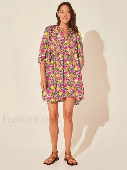 Casual Loose Floral Print Spring/Summer Women's 2024 New Lantern Sleeves Lace-up V-neck Mini Dress