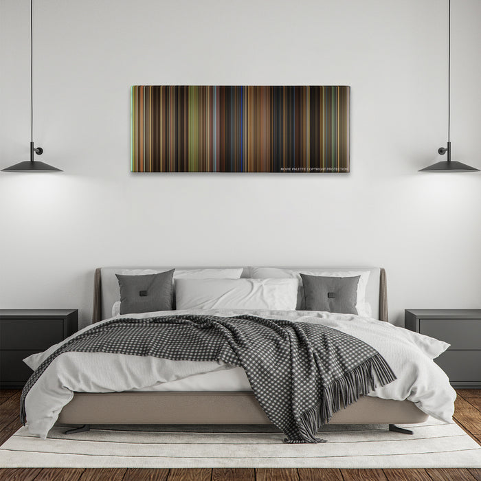 Cinderella color palette canvas above a bed, between two black pendant lamps