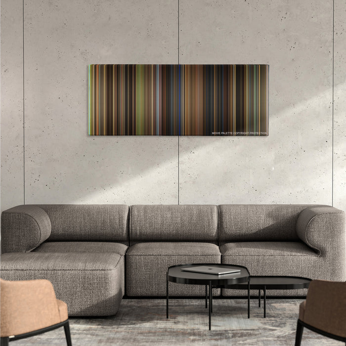 Cinderella color palette canvas on a concrete wall above a gray sectional sofa