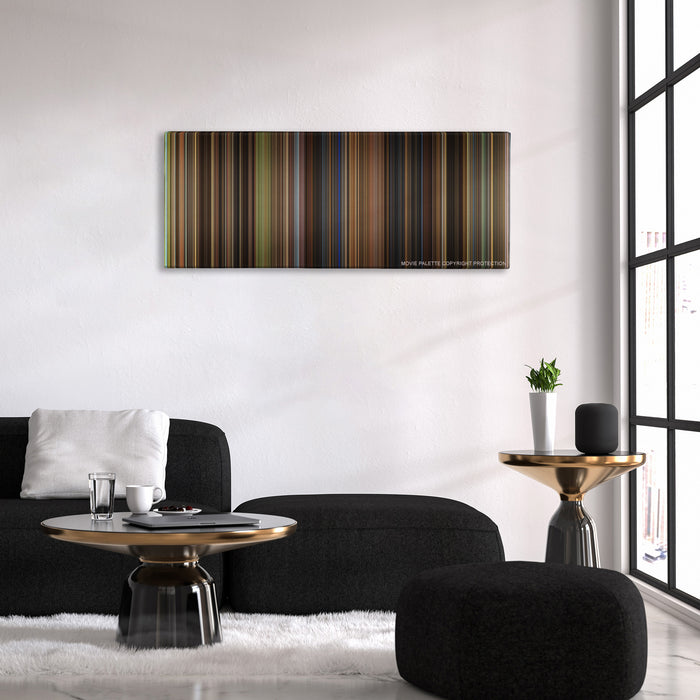 Cinderella color palette canvas above a black sofa with a gold-topped table