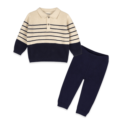 Classic Stripe Polo Sweater Knit Organic Baby Pullover and Pant Set